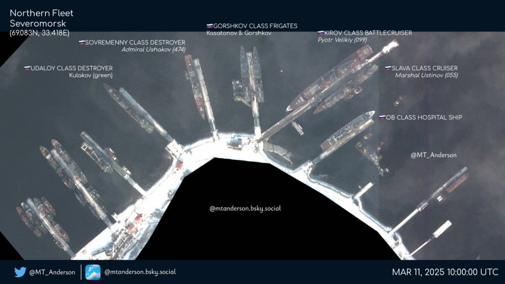 Satellite image of a Russian bay in Severomorsk, where the Russian flagship, nuclear battlecruiser Pyotr Velikiy stays for over 2 years now, March 11, 2025. (Source: MT_Anderson) Satellite image of a Russian bay in Severomorsk, where the Russian flagship, nuclear battlecruiser Pyotr Velikiy stays for over 2 years now, March 11, 2025. (Source: MT_Anderson)