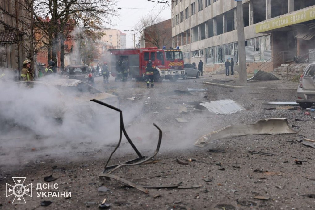 Emergency vehicles and debris litter the streets near the strike site in Kharkiv’s Kholodnohirskyi district on October 22. (Source: Ukrainian President Volodymyr Zelenskyy)