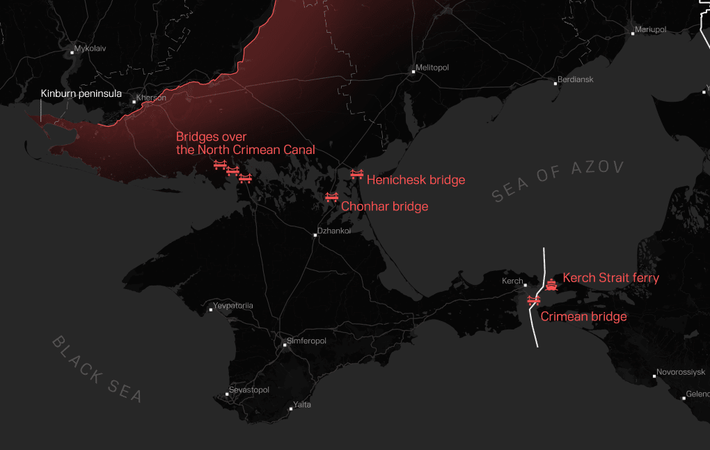 Map of Ukrainian drone strikes on Russian bridges in temporarily occupied territories of Ukraine. (Illustration: UNITED24 Media) Map of Ukrainian drone strikes on Russian bridges in temporarily occupied territories of Ukraine. (Illustration: UNITED24 Media)