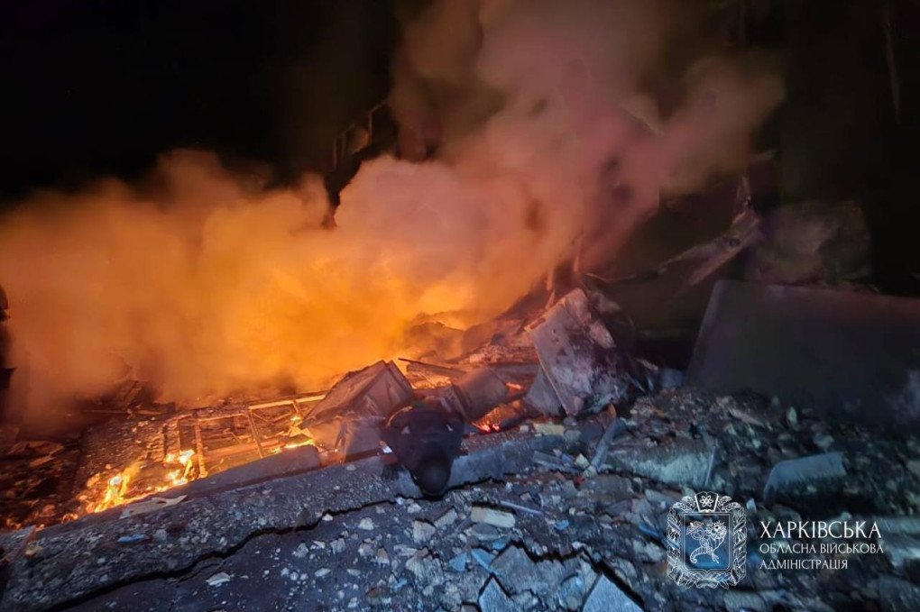 Fire and heavy smoke rise from a destroyed civilian facility following a Russian strike in the Kharkiv region, Ukraine on January 13, 2025. (Photo: Kharkiv Regional Military Administration)