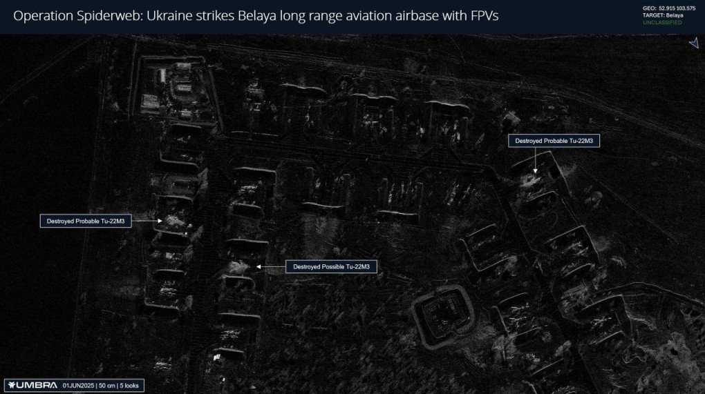 Satellite image of the Russian Belaya airbase in Irkutsk region, June 2, 2025. (Source: Chris Biggers/X) Satellite image of the Russian Belaya airbase in Irkutsk region, June 2, 2025. (Source: Chris Biggers/X)