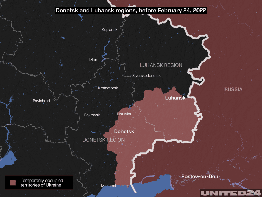 Russian occupation of parts of Donetsk and Luhansk regions before the full-scale invasion on February 24, 2022.  Illustration: UNITED24 Media