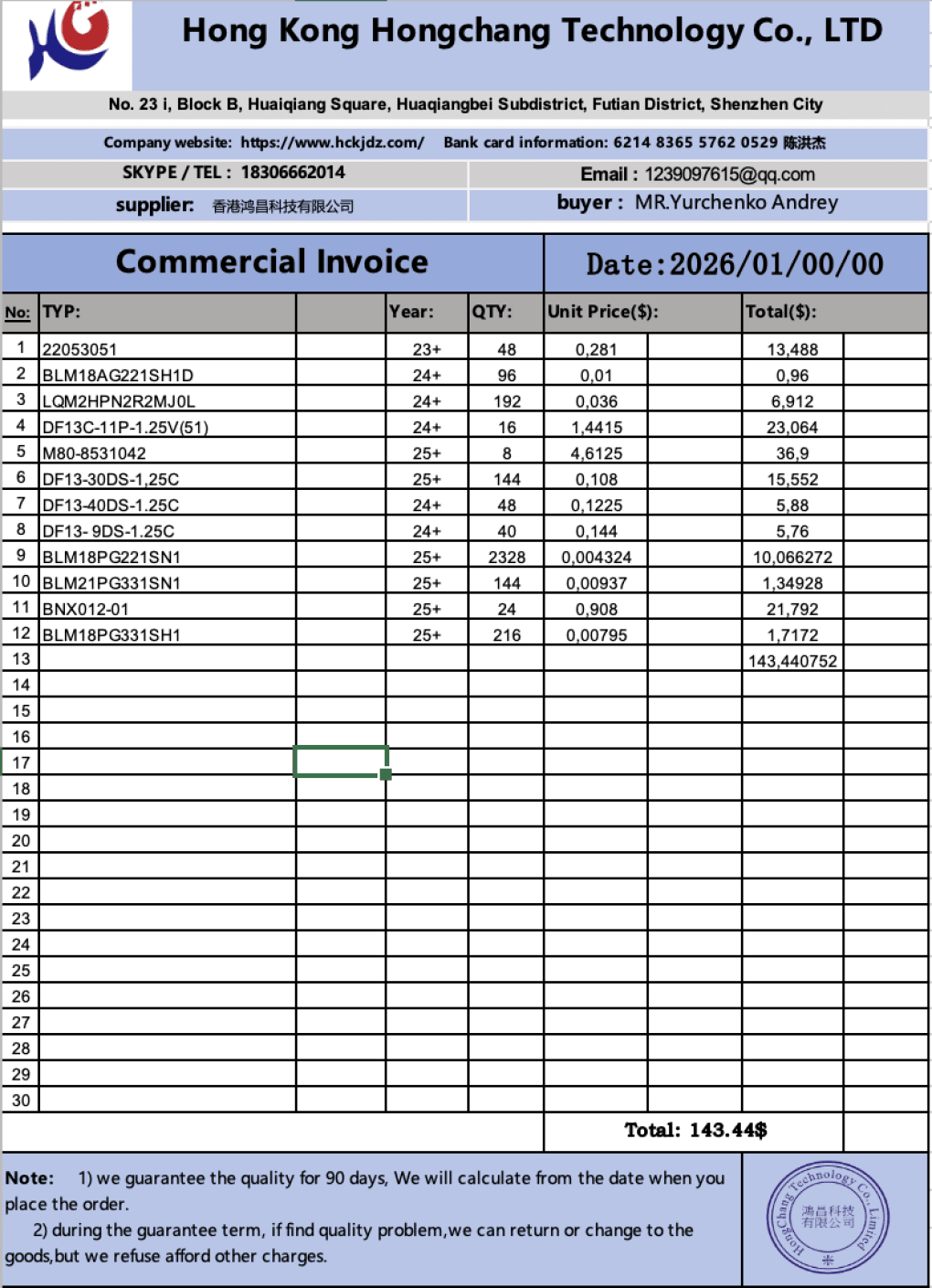 Hong Kong Hongchang Technology Co., LTD invoice. (Source: Private analytics company Dallas)