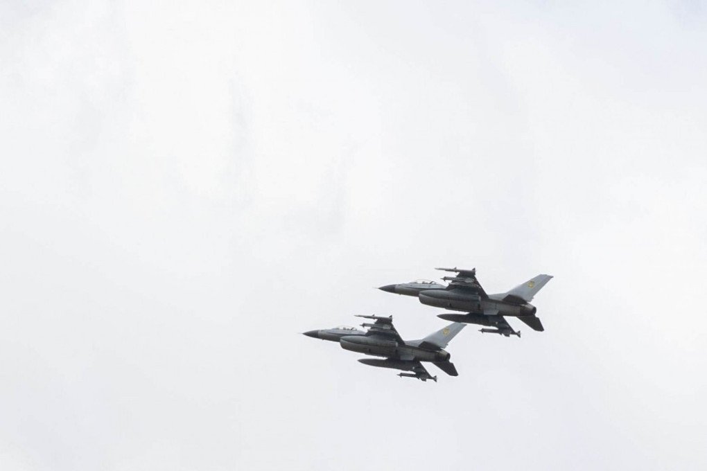 The first General Dynamics F-16 Fighting Falcons received by Ukraine fly on the Day of Ukrainian Air Force on August 4, 2024. Photo by Vitalii Nosach/Global Images Ukraine via Getty Images