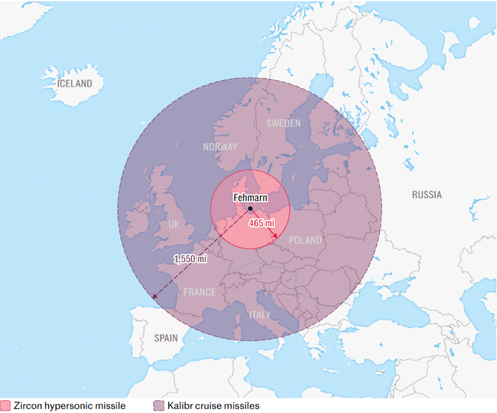 Approximate range of the Russian frigate missiles.
