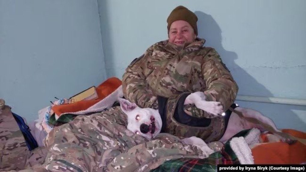 Tetiana Tepliuk with Adi the dog, during the Azovstal fight. Mariupol, Ukraine, 2022 (Source: Iryna Siryk)
