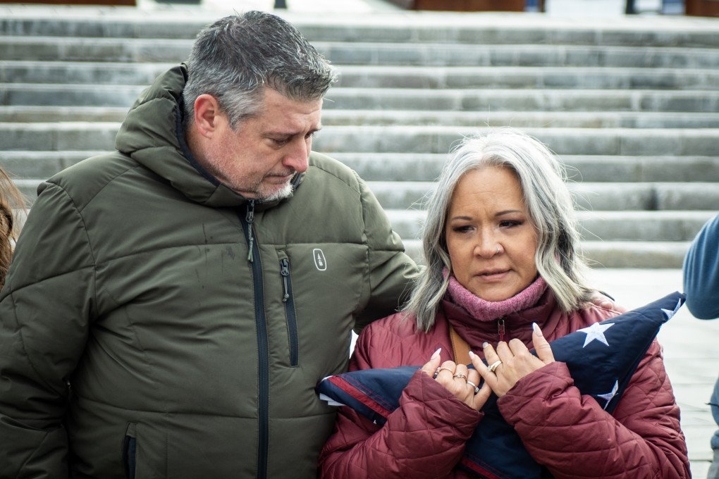 Leslie Hertweck (R), the deceased’s mother, standing near John Hertweck (L), the deceased’s father, holds a folded US flag on farewell ceremony for US Marine Corps veteran Ethan Hertweck on February 28, 2025 in Kyiv, Ukraine. (Photo by Oleksii Samsonov/Global Images Ukraine via Getty Images) Leslie Hertweck (R), the deceased’s mother, standing near John Hertweck (L), the deceased’s father, holds a folded US flag on farewell ceremony for US Marine Corps veteran Ethan Hertweck on February 28, 2025 in Kyiv, Ukraine. (Photo by Oleksii Samsonov/Global Images Ukraine via Getty Images)