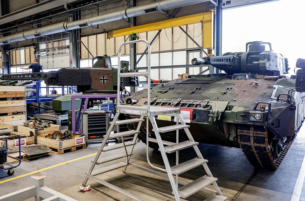 German infantry fighting vehicle Puma-IFV Schuetzenpanzer, or short SPz-is pictured during maintenance inspection and repair at a Rheinmetall facility. (Source: Getty Images)