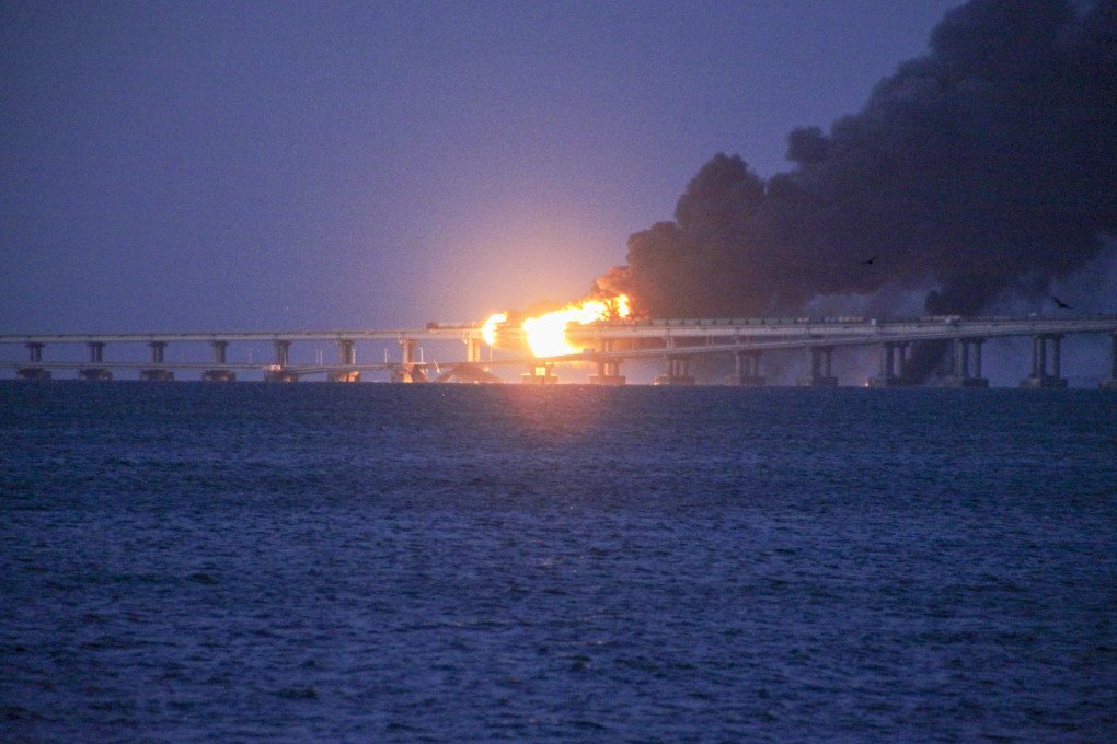 Explosion causes fire at the Kerch bridge in the Kerch Strait, Crimea on October 08, 2022. (Photo by Vera Katkova via Getty Images) Explosion causes fire at the Kerch bridge in the Kerch Strait, Crimea on October 08, 2022. (Photo by Vera Katkova via Getty Images)
