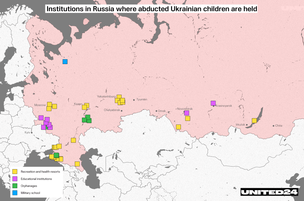 Using intelligence from Ukraine’s Security Service (SBU), this map shows confirmed locations inside Russia where abducted Ukrainian children have been placed — including recreation camps, orphanages, psychiatric institutions, and military schools. Each marker represents a facility where children are held, indoctrinated, or isolated from their families. These are only a fraction of the sites used in Russia’s system of deportation. Using intelligence from Ukraine’s Security Service (SBU), this map shows confirmed locations inside Russia where abducted Ukrainian children have been placed — including recreation camps, orphanages, psychiatric institutions, and military schools. Each marker represents a facility where children are held, indoctrinated, or isolated from their families. These are only a fraction of the sites used in Russia’s system of deportation.