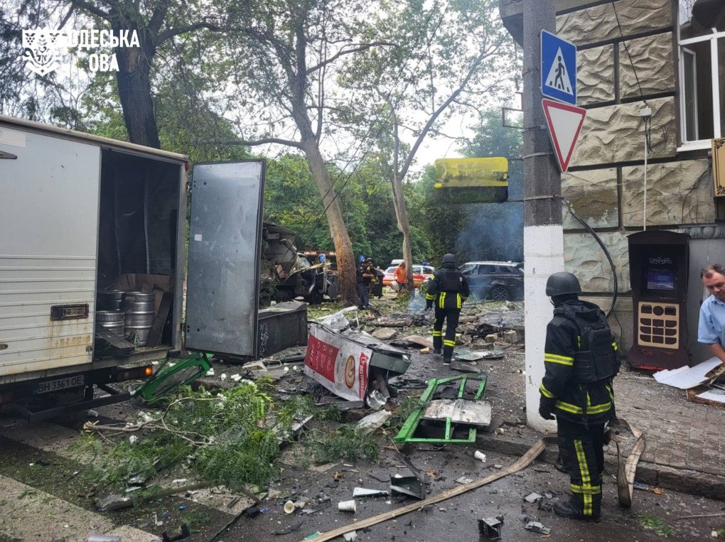 Firefighters and emergency personnel work at a strike site in Odesa surrounded by shattered glass, scattered metal debris, and damaged equipment following a Russian attack. (Source: Odesa Regional Military Administration) Firefighters and emergency personnel work at a strike site in Odesa surrounded by shattered glass, scattered metal debris, and damaged equipment following a Russian attack. (Source: Odesa Regional Military Administration)