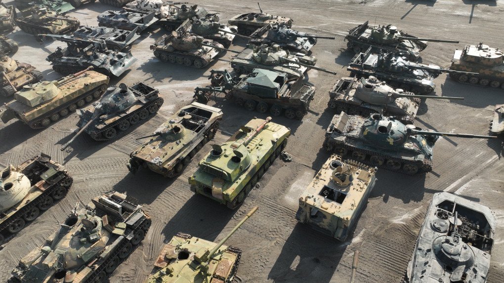 An aerial view of armored vehicles that were seized from the Assad regime by opposition forces in Idlib, Syria, on November 27, 2025. (Source: Getty Images)
