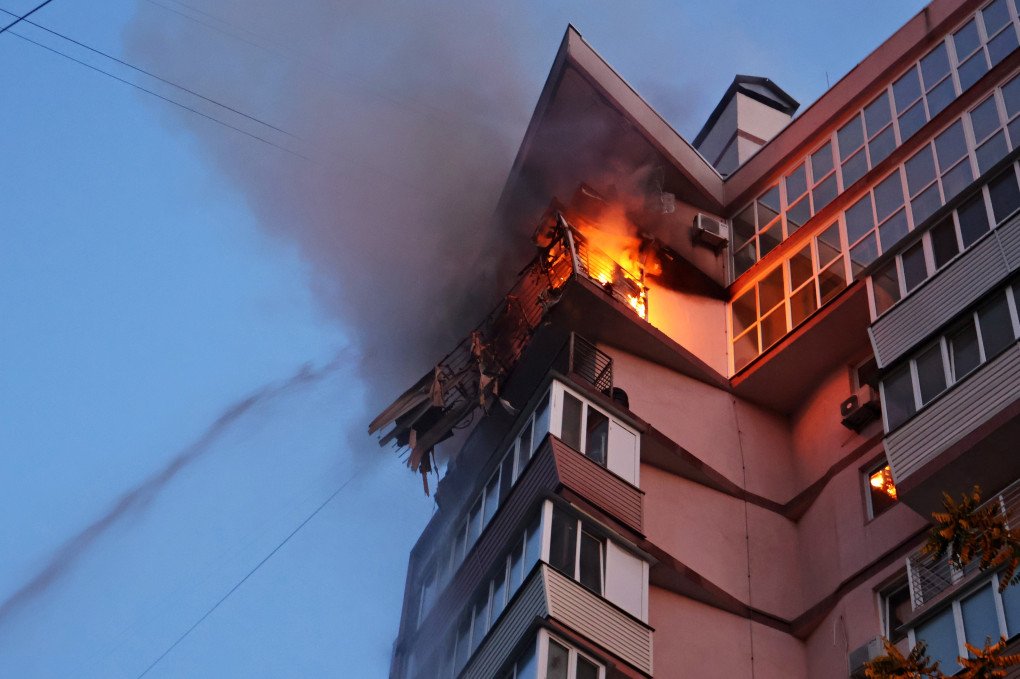 A fire is seen on the 11th floor of an apartment building, caused by a Russian strike in Kyiv on June 17, 2025. (Source: Getty Images) A fire is seen on the 11th floor of an apartment building, caused by a Russian strike in Kyiv on June 17, 2025. (Source: Getty Images)