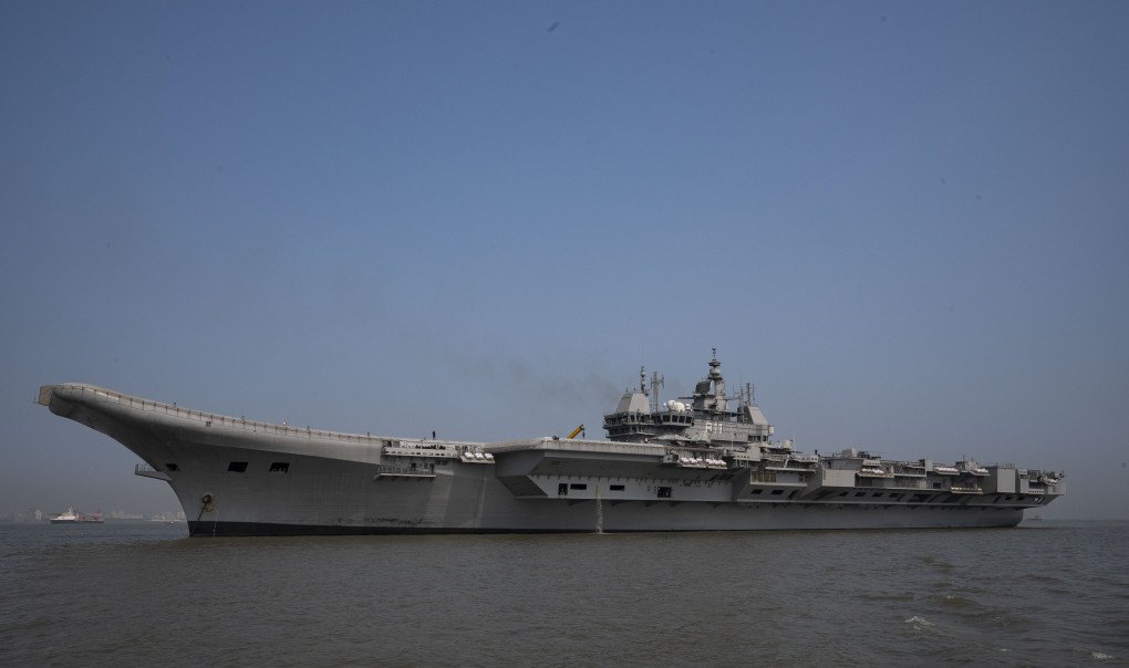 A view of INS Vikrant, India’s first indigenous aircraft carrier, anchored at Mumbai harbour, during a special media visit, on March 10, 2023, in Mumbai, India. (Source: Getty Images)