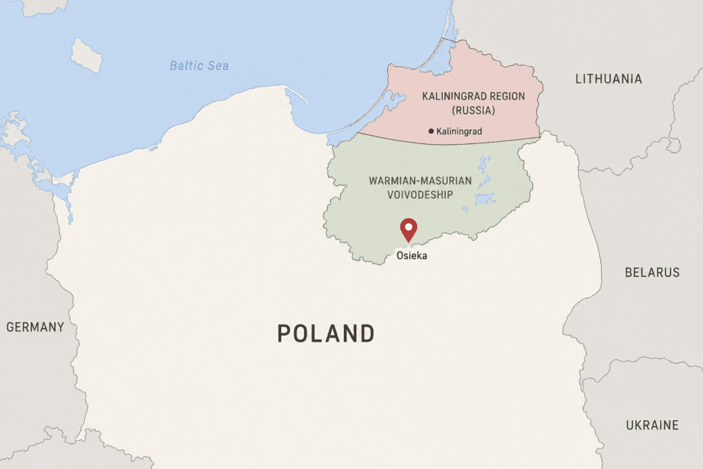 Mapa detallado del voivodato de Varmia y Masuria en Polonia marcando la localidad de Osieka frontera con Kaliningrado caída de dron de reconocimiento ruso espacio aéreo OTAN.