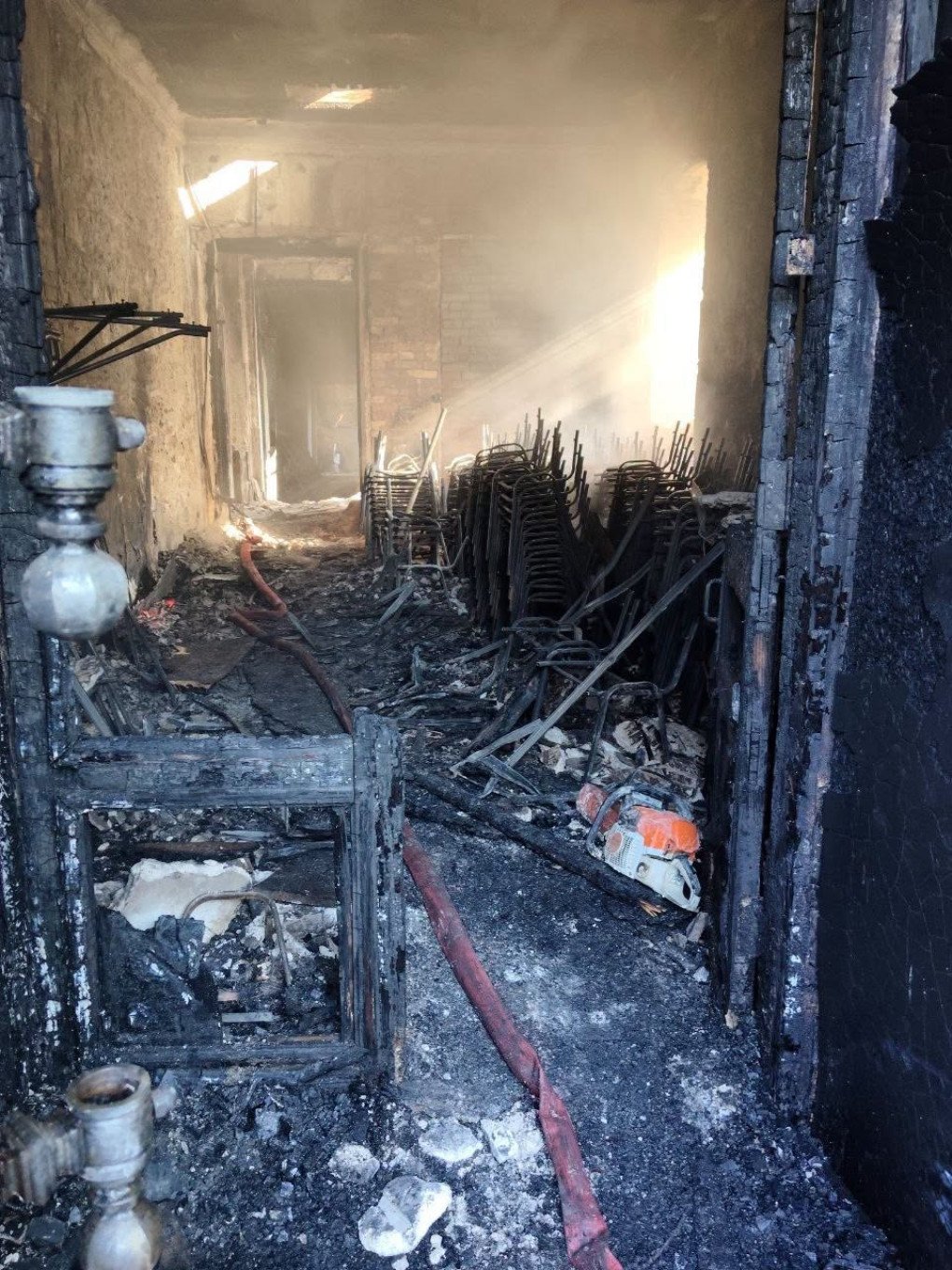 Fire and smoke damage inside the Kherson Regional Art Museum following a Russian FPV drone strike on August 20, 2026. (Source: Kherson Regional Art Museum)