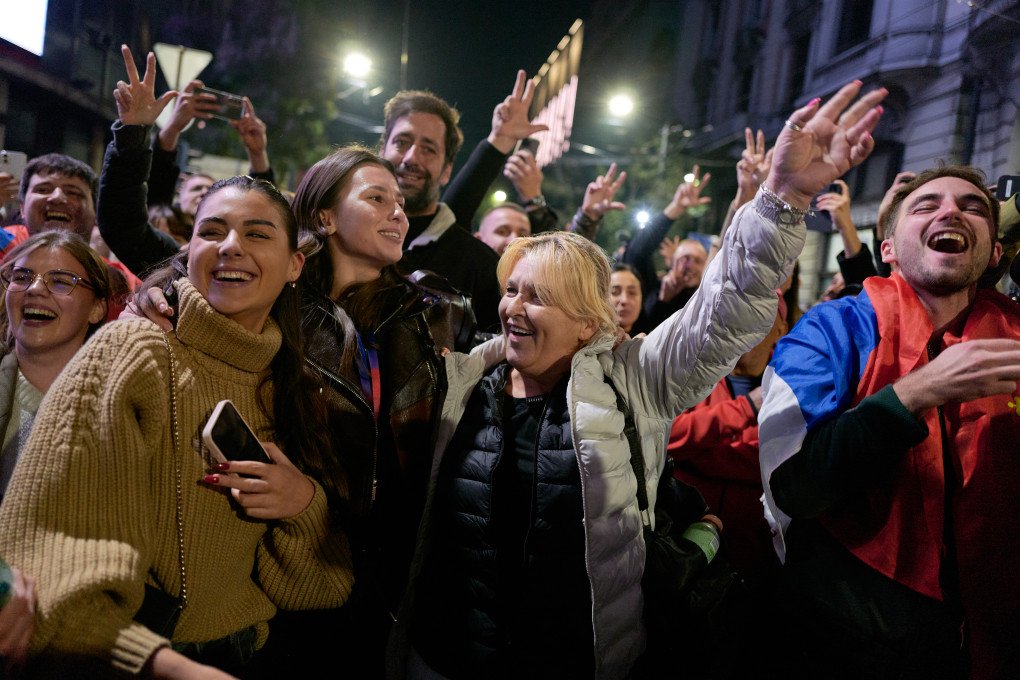 Supporters of the Student List Students Win opposition movement chant as Serbian citizens await the preliminary results of the parliamentary elections on October 25, 2026 in Belgrade, Serbia. (Photo by Pierre Crom via Getty Images)