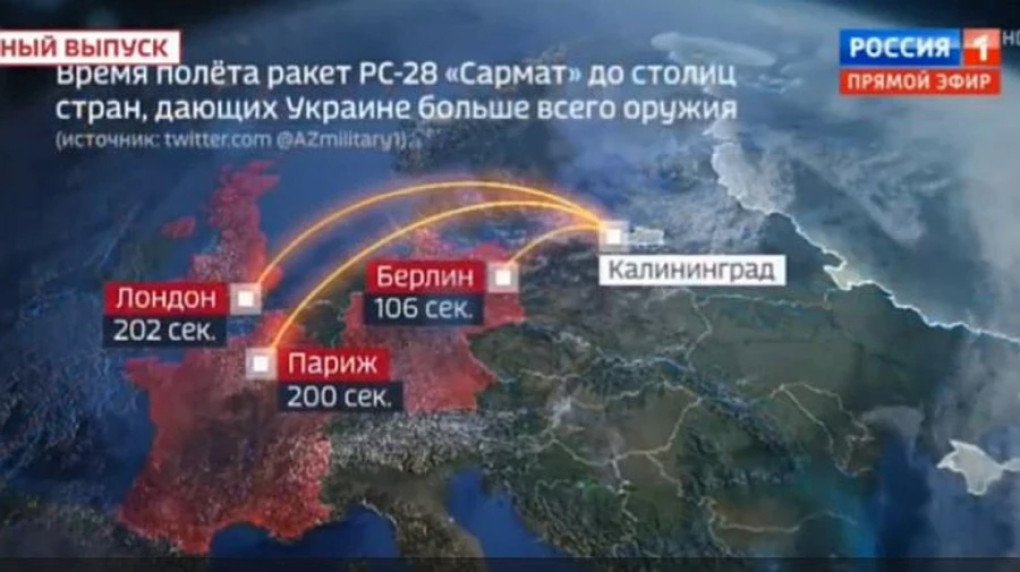 A graphic aired on Russia 1 claiming how fast RS-28 Sarmat missile could reach Western European capitals.