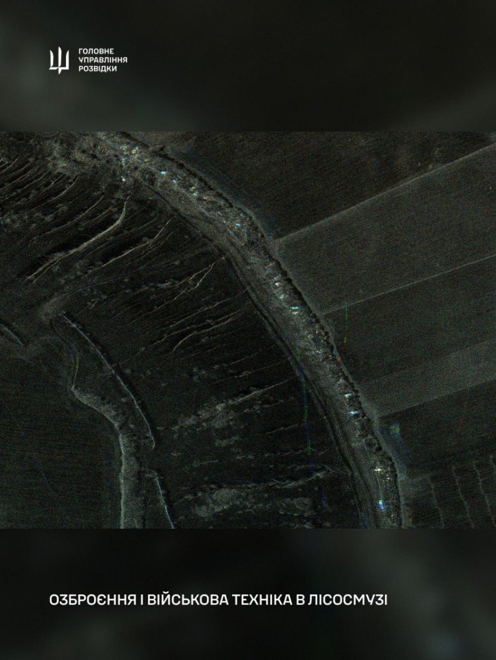 SAR satellite image showing Russian military equipment concealed in a forest belt. (Source: HUR)