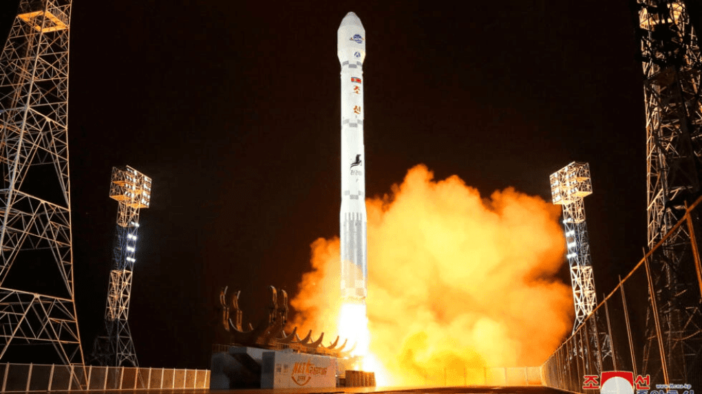 Apparent launch photo of Chŏllima 1 carrying Malligyon 1, from North Korean soil to orbit. (Credit: KCNA via Reuters) 