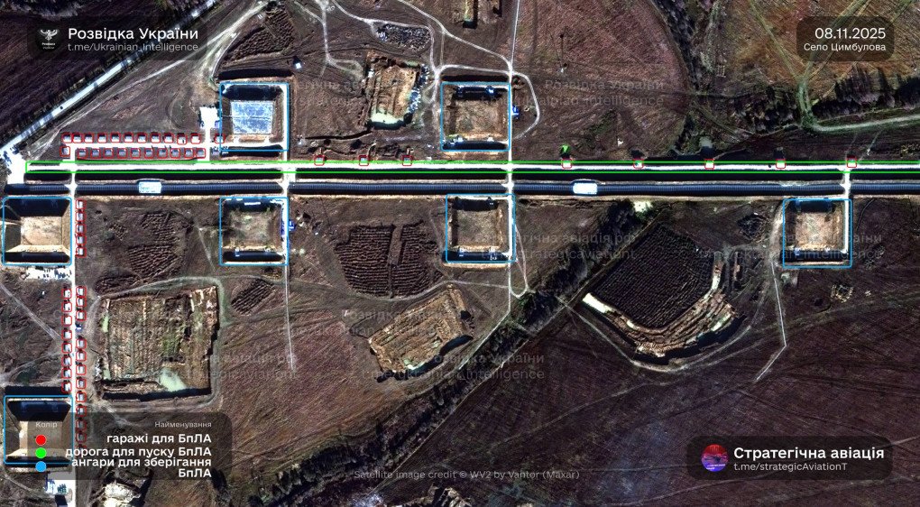High-res satellite image shows dense layout of garages and hangars for Shahed drones along a 2.5 km road at Russia’s Tsymbulova launch site. (Source: Strategic Aviation of Russia and SZ)
