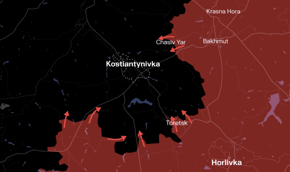 Russian forces are closing in on Kostiantynivka from multiple directions, threatening a key Ukrainian-held gateway to Kramatorsk as the front line creeps northward. Illustration: UNITED24 Media Russian forces are closing in on Kostiantynivka from multiple directions, threatening a key Ukrainian-held gateway to Kramatorsk as the front line creeps northward. Illustration: UNITED24 Media