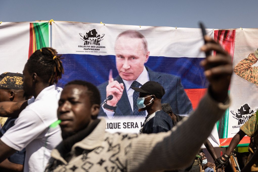 A banner of Russia’s leader, Vladimir Putin, during a protest to support the Burkina Faso President Captain Ibrahim Traore, January 2023. (Source: Olympia De Maismont via Getty Images) A banner of Russia’s leader, Vladimir Putin, during a protest to support the Burkina Faso President Captain Ibrahim Traore, January 2023. (Source: Olympia De Maismont via Getty Images)