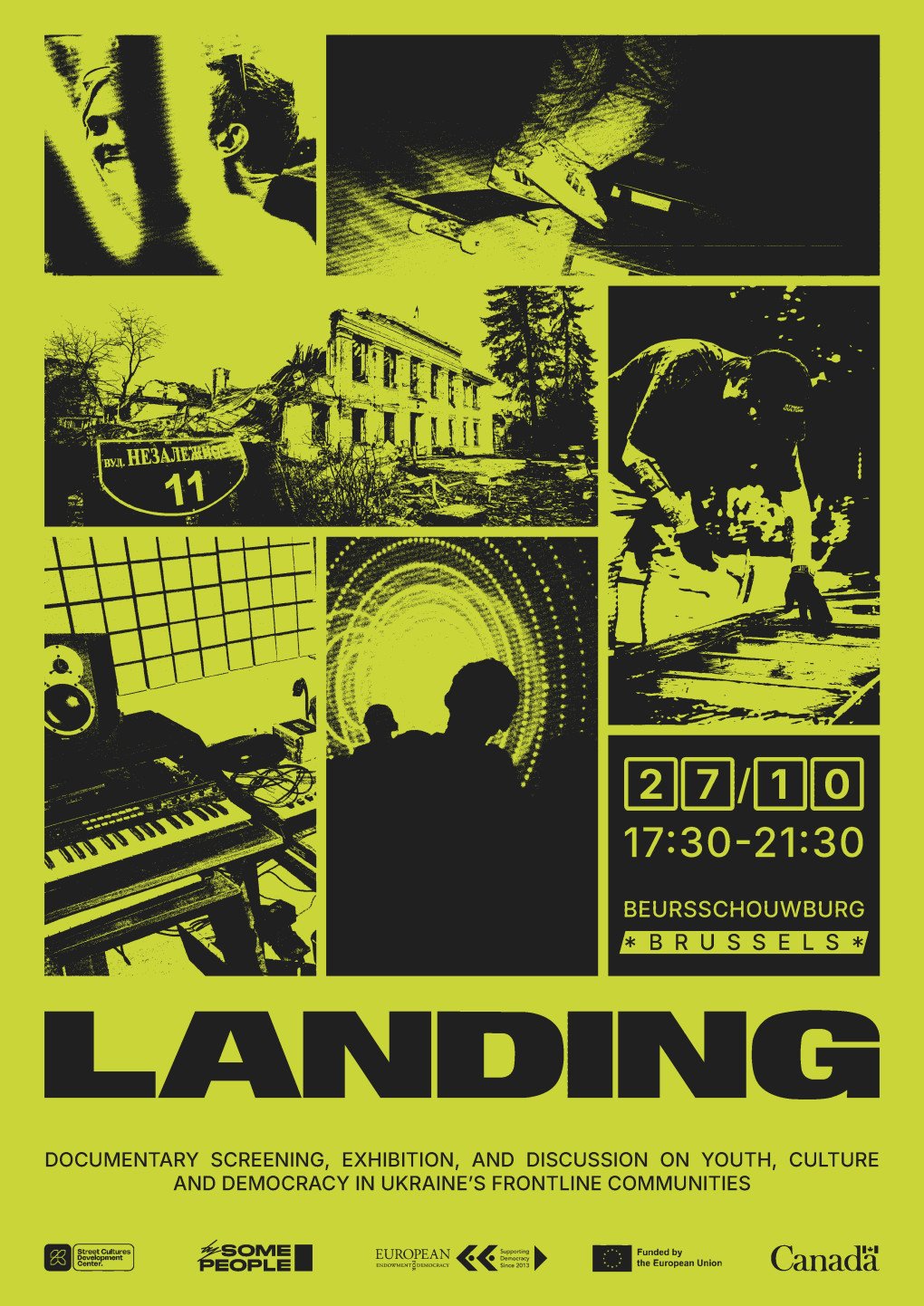 Official poster for the screening of the Ukrainian documentary LANDING at the Beursschouwburg arts center in Brussels on October 27, 2026. (Source: NGO Street Cultures Development Center)