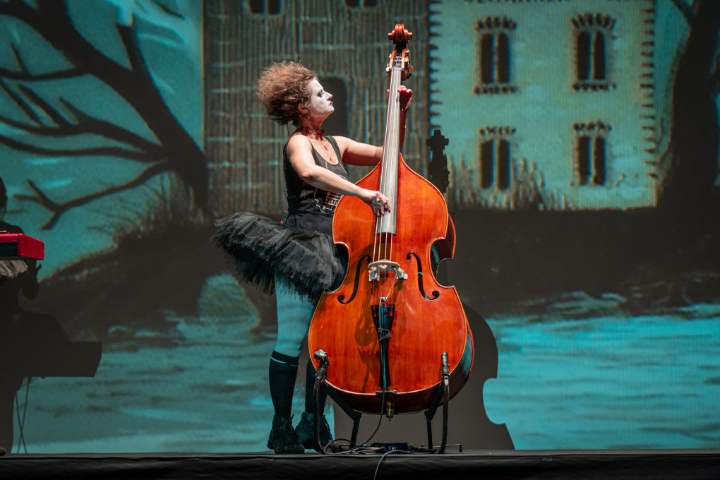 A member of the Dakh Daughters plays the double bass during their performance at the launch of Le Voyage en Ukraine at Théâtre de la Ville–Sarah Bernhardt. (Source: Mathis Queraux / Ukrainian Institute in France)