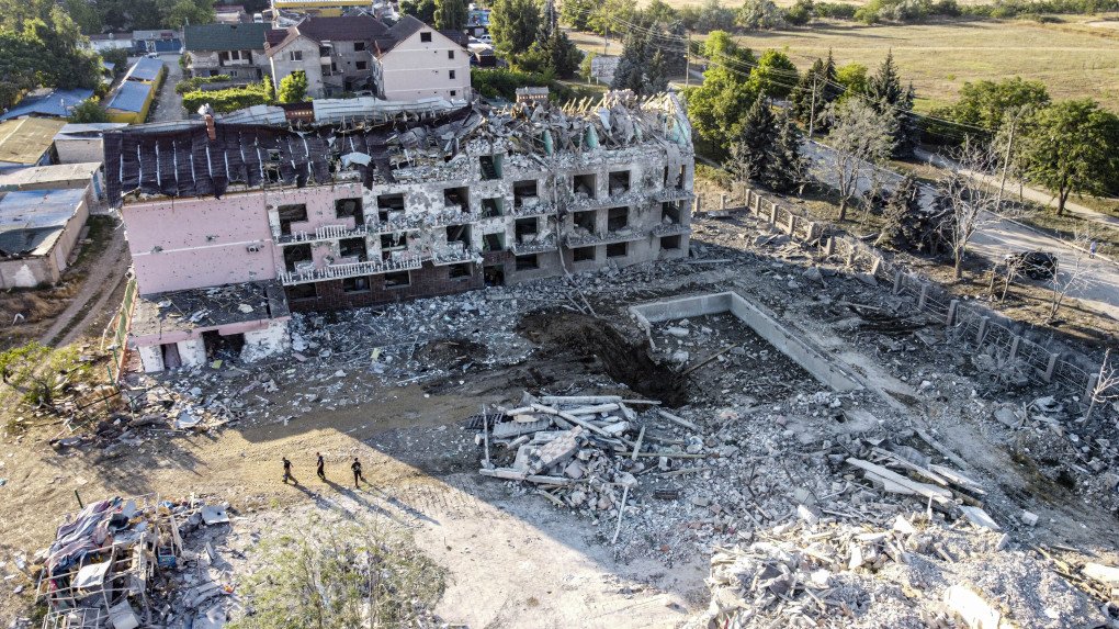 An aerial view of the damage after the Russian missile attacks where at least 17 people have died and 31 have injured in Serhiivka district of Odesa, Ukraine on July 1, 2022. (Photo by Metin Aktas/Anadolu Agency via Getty Images)