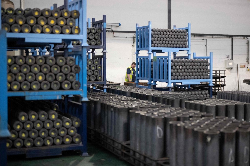 An employee inspects 155mm artillery shell casings during their manufacturing process at the BAE Systems factory in Washington, near Newcastle upon Tyne in north-east England on November 8, 2023. (Source: Getty Images) An employee inspects 155mm artillery shell casings during their manufacturing process at the BAE Systems factory in Washington, near Newcastle upon Tyne in north-east England on November 8, 2023. (Source: Getty Images)