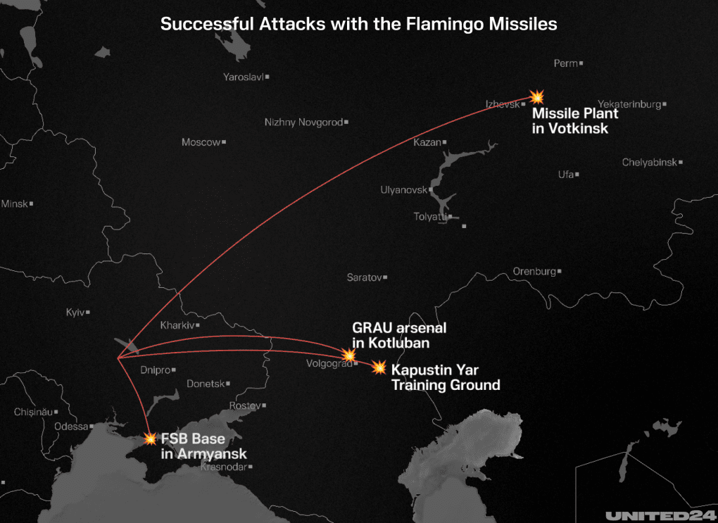 An illustration showing the confirmed strike sites of the FP5 Flaimingo (Image: UNITED24 Media)