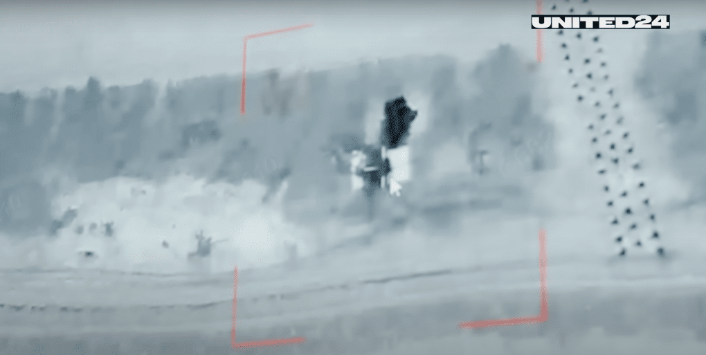 An explosive 155mm shell hit a Russian tank and a dugout at night, a few tens of kilometers away from the underground where the soldiers are monitoring the screen. An explosive 155mm shell hit a Russian tank and a dugout at night, a few tens of kilometers away from the underground where the soldiers are monitoring the screen.