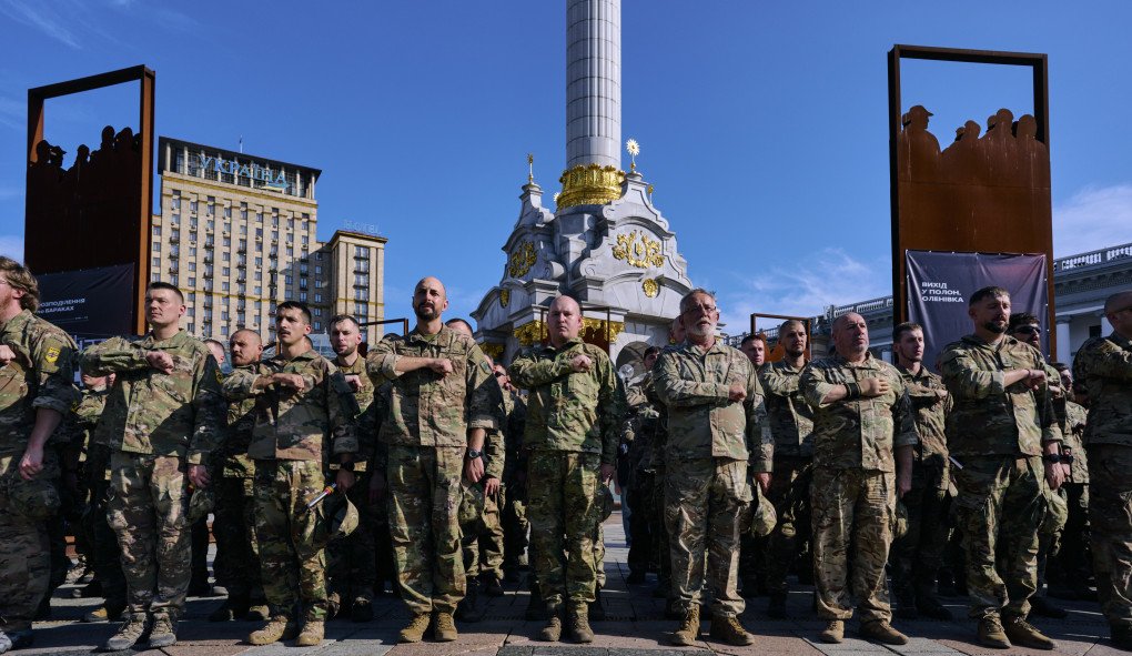 Soldiers of Azov brigade during memorial event on the anniversary of Olenivka prison massacre at Maidan Nezalezhnosti in Kyiv, Ukraine. (Photo by Artem Gvozdkov via Getty Images)