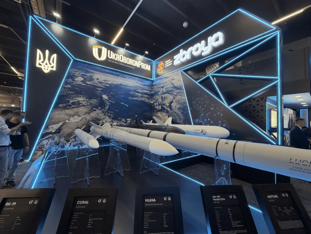 Ukrainian-made missiles and strike systems, including Neptune, Vilkha, and the UAV-290 Palyanytsya, displayed at the Ukroboronprom booth during MSPO 2026 in Kielce, Poland. (Photo: UNITED24 Media/Amira Barkhush) Ukrainian-made missiles and strike systems, including Neptune, Vilkha, and the UAV-290 Palyanytsya, displayed at the Ukroboronprom booth during MSPO 2026 in Kielce, Poland.