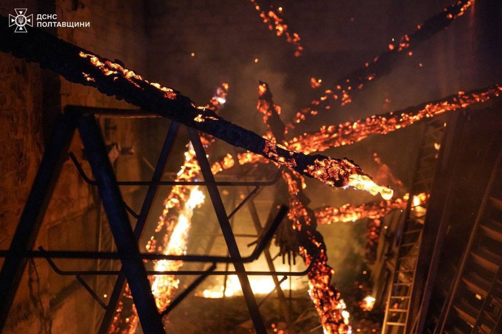 Charred debris and flames engulf the remains of a facility following a Russian drone attack on Poltava on October 7, 2025. (Source: SES) Charred debris and flames engulf the remains of a facility following a Russian drone attack on Poltava on October 7, 2025. (Source: SES)