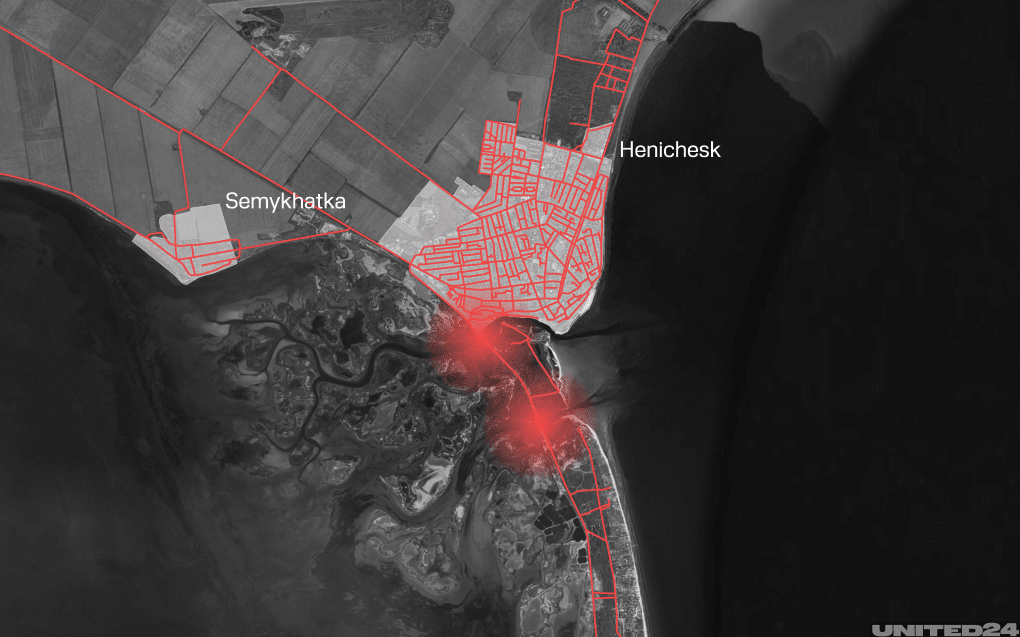 Detailed map of the Henichesk area showing the bridge and road connections toward the Arabat Spit. (Source: Oleksandr Manucians/UNITED24 Media)