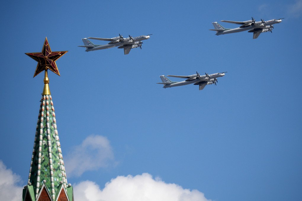 Tupolev Tu-95MS strategic bombers perform a flypast over Red Square during the Victory Day military parade on June 24, 2020, in Moscow, Russia. (Source: Getty Images) Tupolev Tu-95MS strategic bombers perform a flypast over Red Square during the Victory Day military parade on June 24, 2020, in Moscow, Russia. (Source: Getty Images)