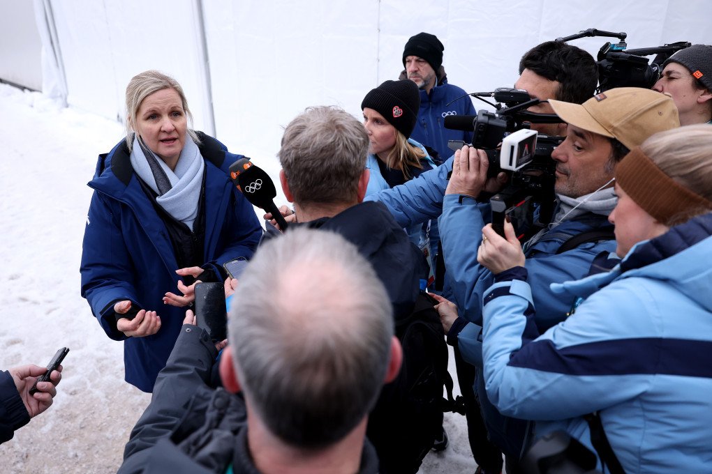 IOC President Kirsty Coventry speaks to the media after Vladyslav Heraskevych was disqualified from competition. Photo by Richard Heathcote/Getty Images. IOC President Kirsty Coventry speaks to the media after Vladyslav Heraskevych was disqualified from competition. Photo by Richard Heathcote/Getty Images.