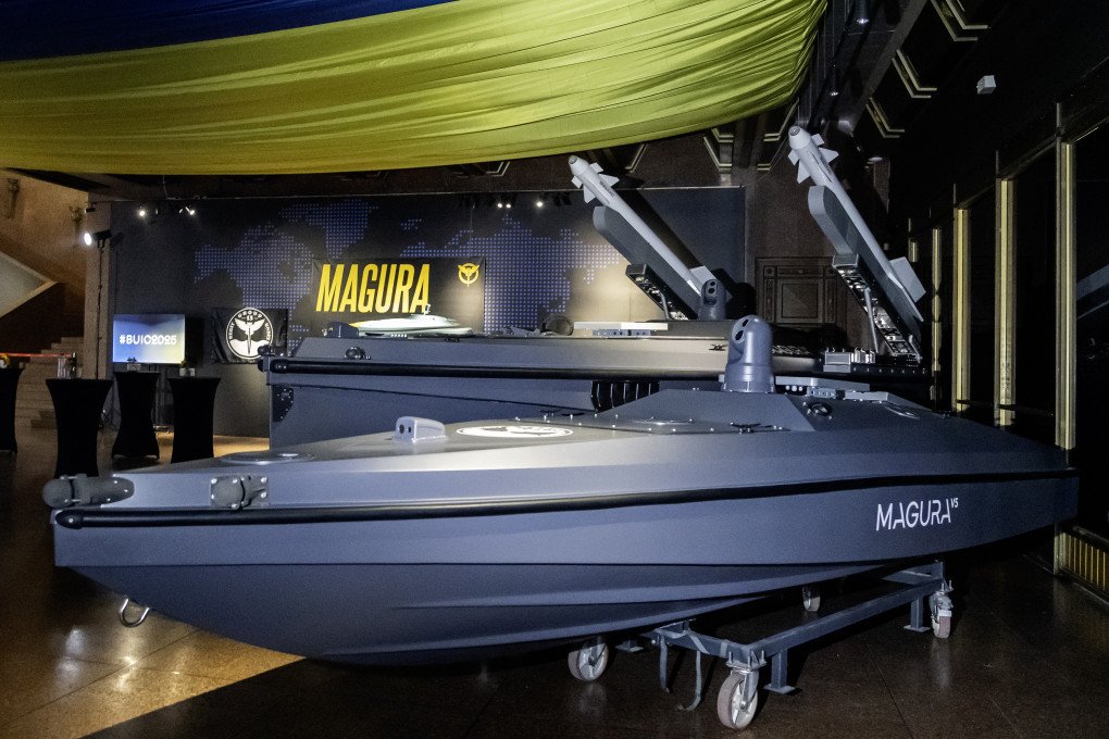 Unmanned surface vehicles MAGURA V5, V6 and V7 exhibit at National Museum of the History of Ukraine in the Second World War on September 18, 2025 in Kyiv, Ukraine. (Photo by Yevhenii Zavhorodnii via Getty Images)