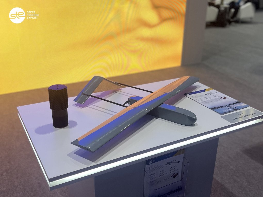 A prototype of a Ukrainian FP-1 drone at an international defense expo in 2023. (Source: Spetstechnoexport) A prototype of a Ukrainian FP-1 drone at an international defense expo in 2023. (Source: Spetstechnoexport)