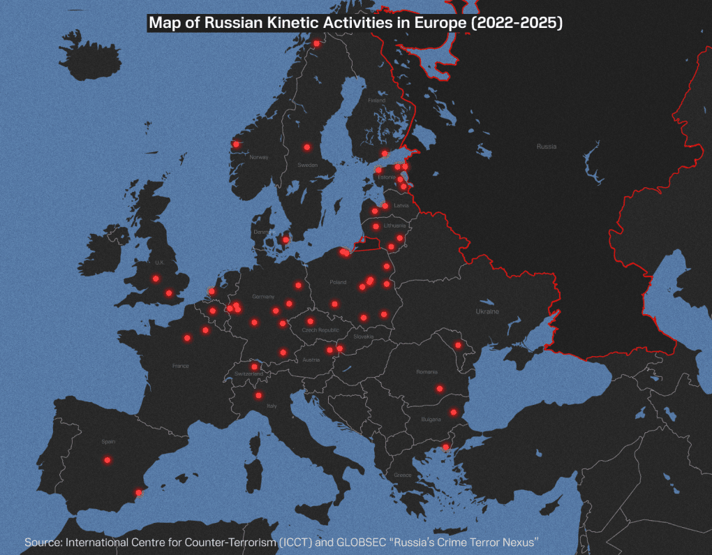 Map of Russia’s activities across Europe by country and the number of incidents. Based on data collated for the “Russia’s Crime Terror Nexus,” report. (Source: International Centre for Counter-Terrorism (ICCT) and GLOBSEC)