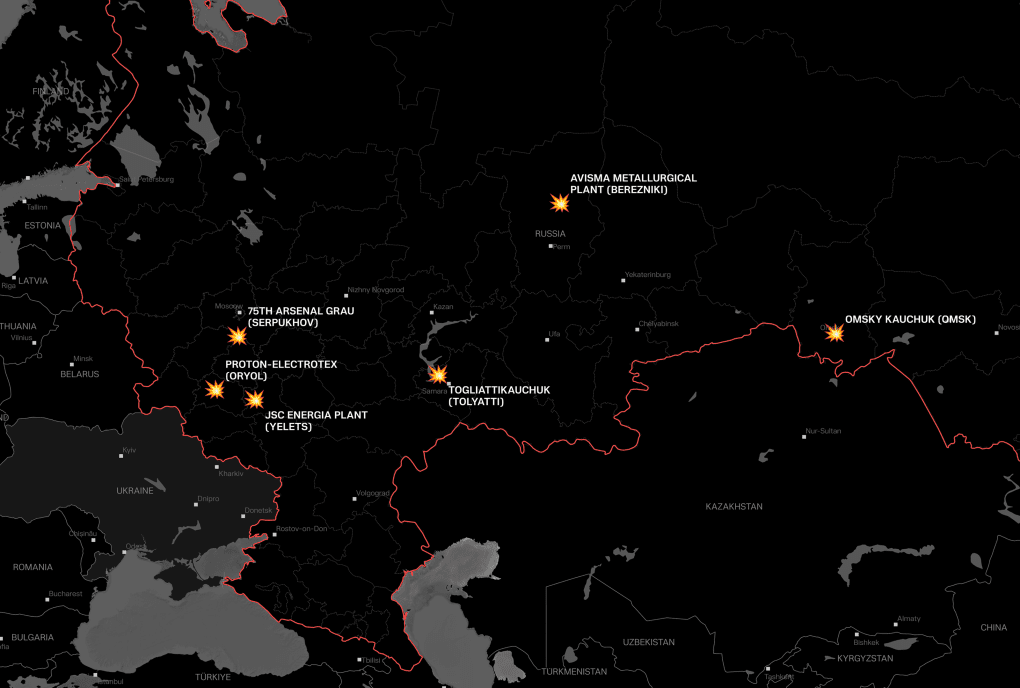 Map of six Russian defense-related facilities targeted by Ukraine, including five struck on October 24–25 and the 75th GRAU Arsenal, struck on October 22. (Illustration: UNITED24 Media) Map of six Russian defense-related facilities targeted by Ukraine, including five struck on October 24–25 and the 75th GRAU Arsenal, struck on October 22. (Illustration: UNITED24 Media)
