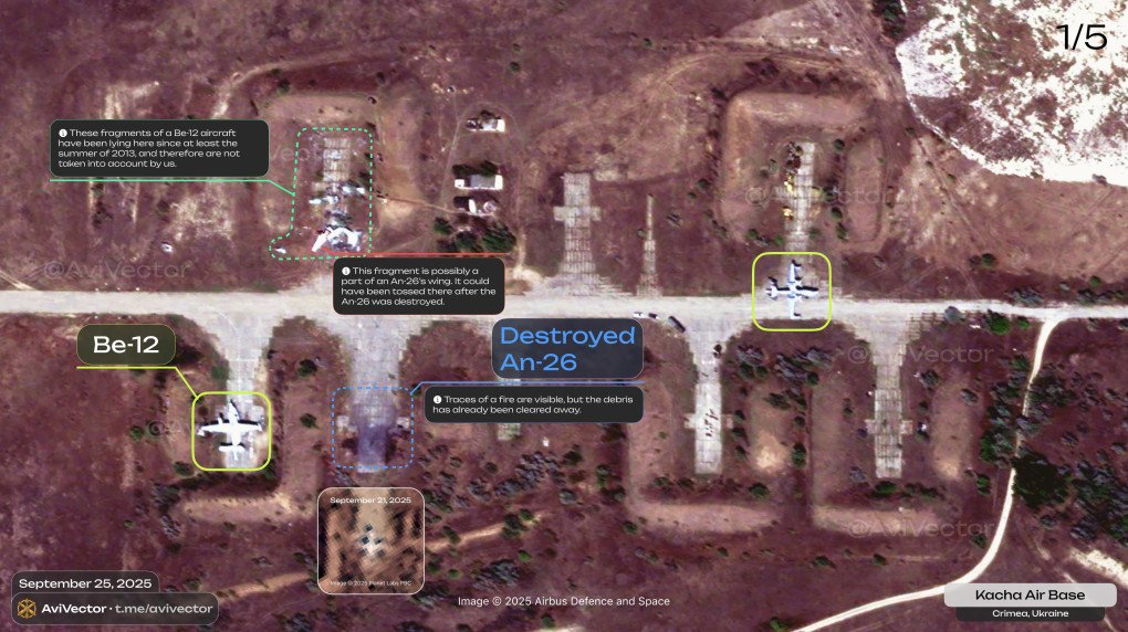 Satellite image of the Russian Kacha airfield in Crimea, dated 25th of September, 2025. (Source: AviVector)