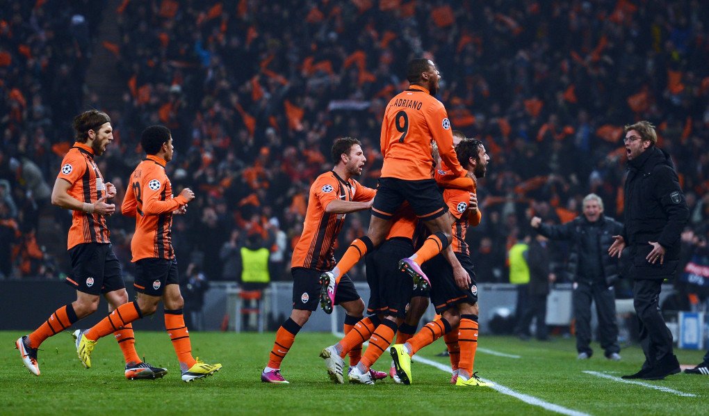 Darijo Srna celebrates after scoring for Shakhtar Donetsk against Borussia Dortmund at Donbas Arena, February 13, 2013. (Photo by Lars Baron via Getty Images)