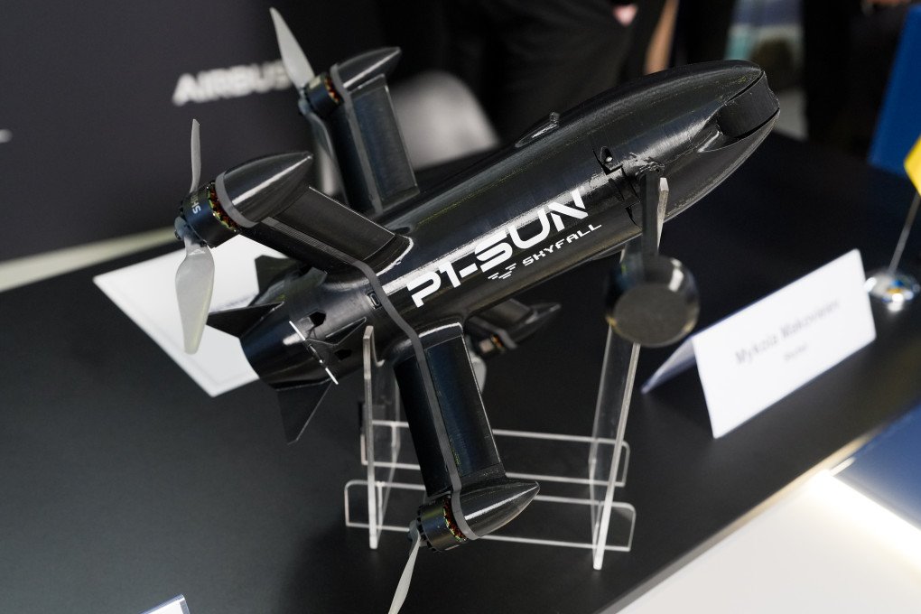 A P1-SUN interceptor drone by SkyFall is displayed during the signing of the company’s strategic partnership with Airbus Defence and Space. (Source: SkyFall)