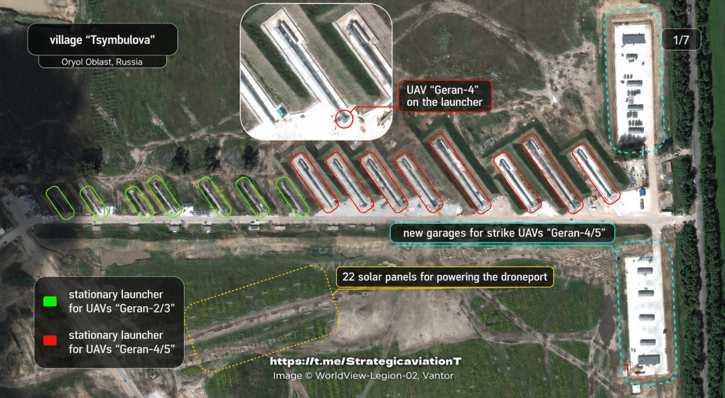 Satellite image of Russia’s Tsymbulova drone base in Oryol region, showing launchers and infrastructure for Geran attack drones. (Source: Strategic Aviation) Satellite image of Russia’s Tsymbulova drone base in Oryol region, showing launchers and infrastructure for Geran attack drones. (Source: Strategic Aviation)