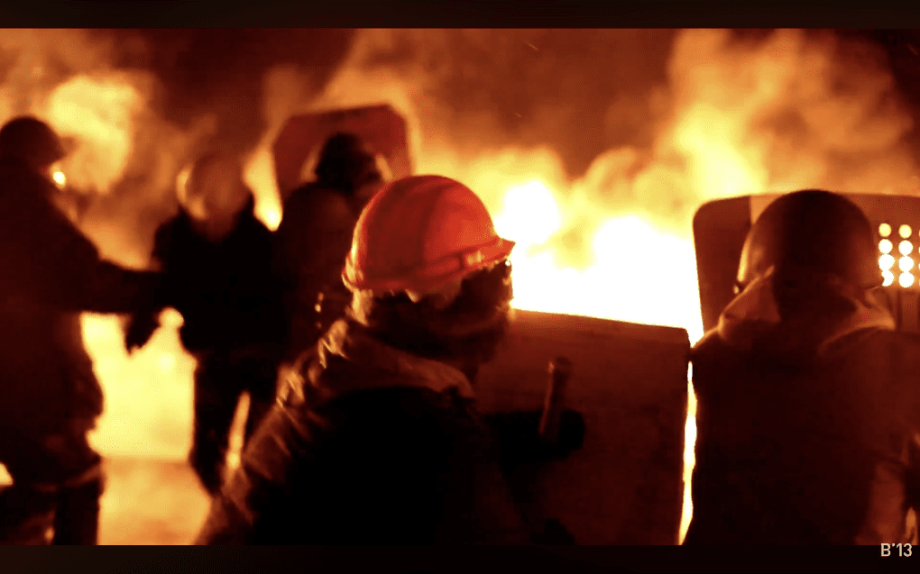 Still from In Hell / U Pekli, released by Babylon 13 on January 25, 2014. The short film (3 minutes 9 seconds) shows the front line of clashes between pro-European protesters and security forces. (Source: Babylon 13 YouTube channel)