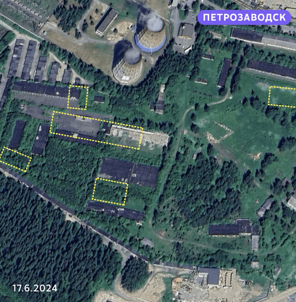 Overgrown military compound in Petrozavodsk with marked structures visible before major activity or deployment. (Photo: Juha Rissanen / Yle)