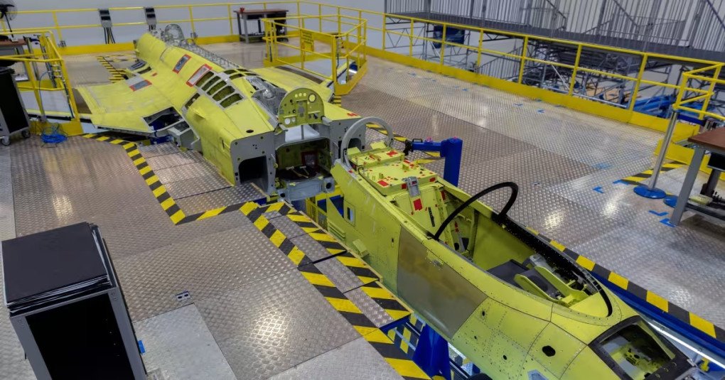 Gripen E production line. (Source: SAAB) Gripen E production line.